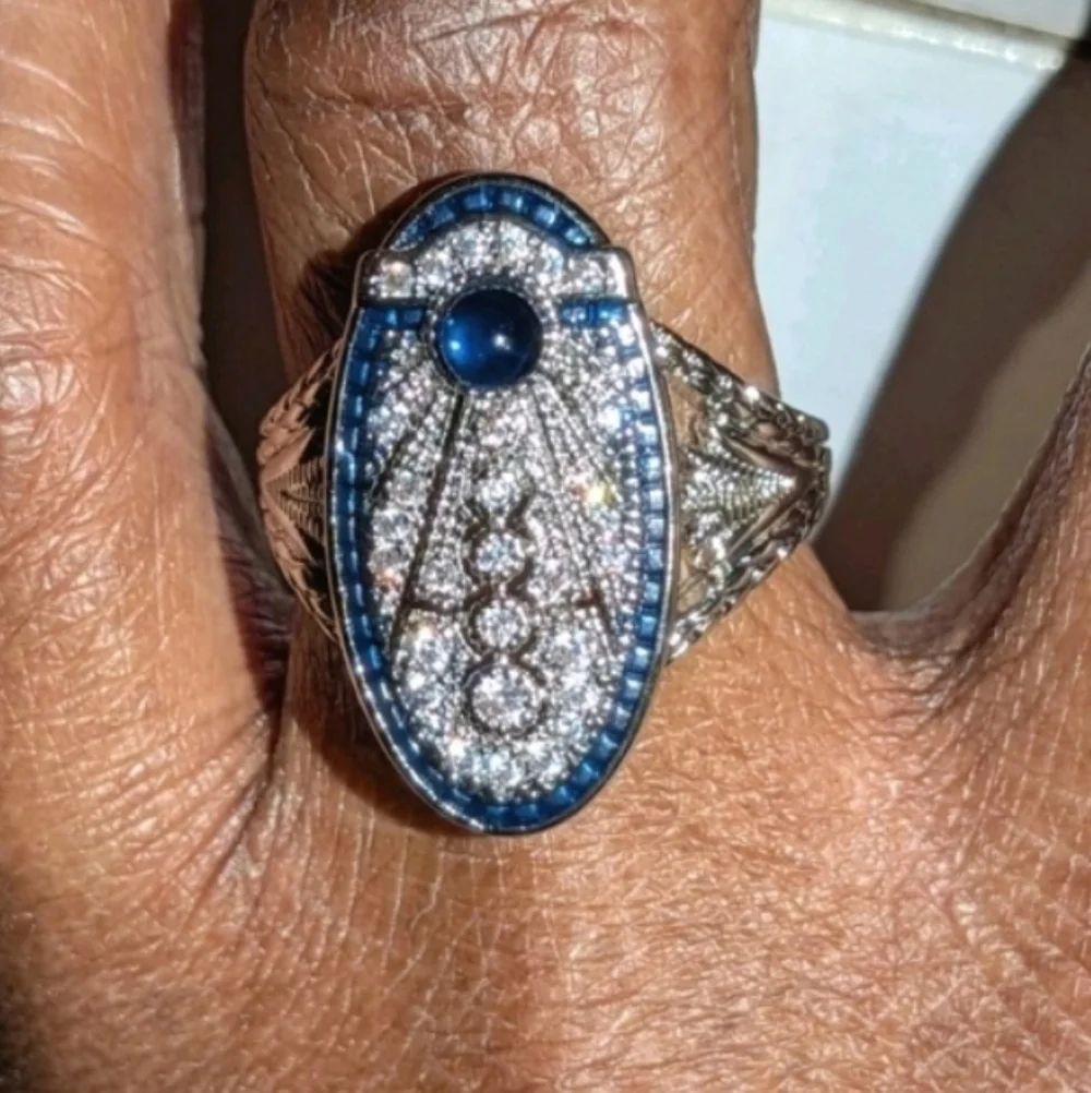 Art Deco Style Lab Created diamond Sapphire Wedding 14k White Gold Plated Sz 10